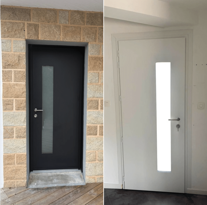 Porte d&rsquo;entrée aluminium bicolore : noir dehors, blanc dedans — retour de pose K•Line en Finistère Nord