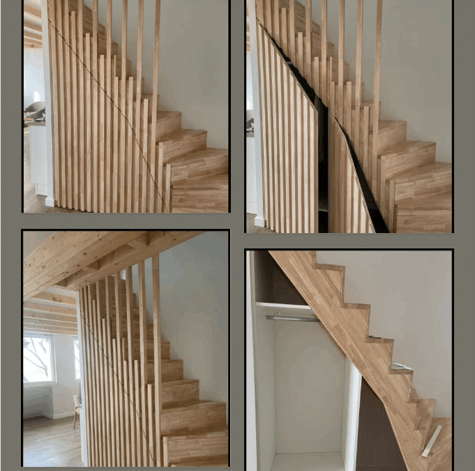 Aménagement sous escalier : placard sur mesure bardé + escalier en hévéa